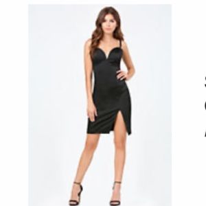 Bebe satin strappy plunge front slit dress